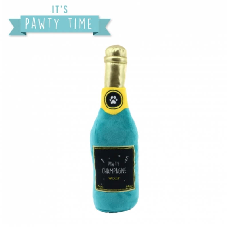 Ancol Pawty Champagne dog toy with squeaker and "It's Pawty Time" banner at the top.