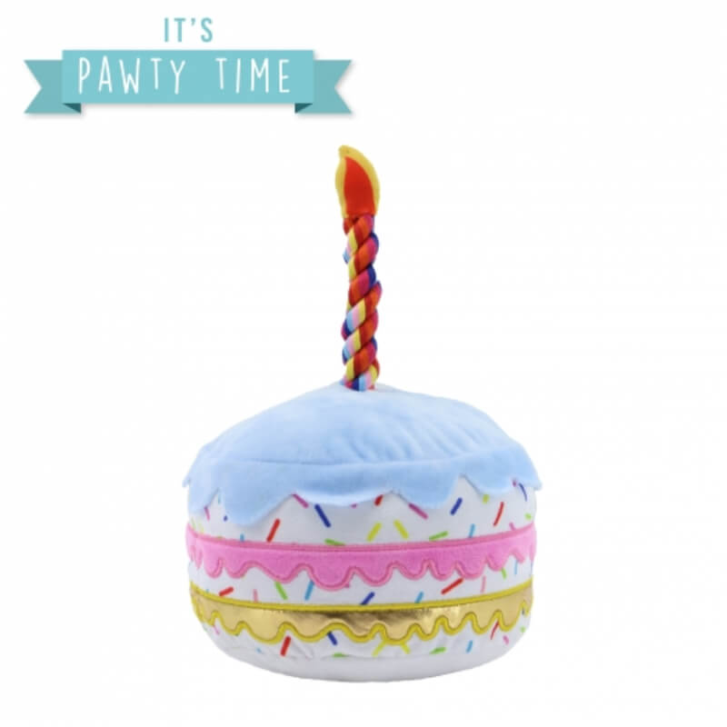 Ancol Pawty Sprinkle Cake cuddle toy with candle and "It’s Pawty Time" banner.
