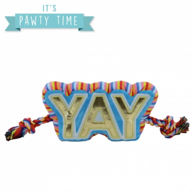 Ancol Pawty Yay Tugger dog toy with YAY design and knotted ropes for gentle play.