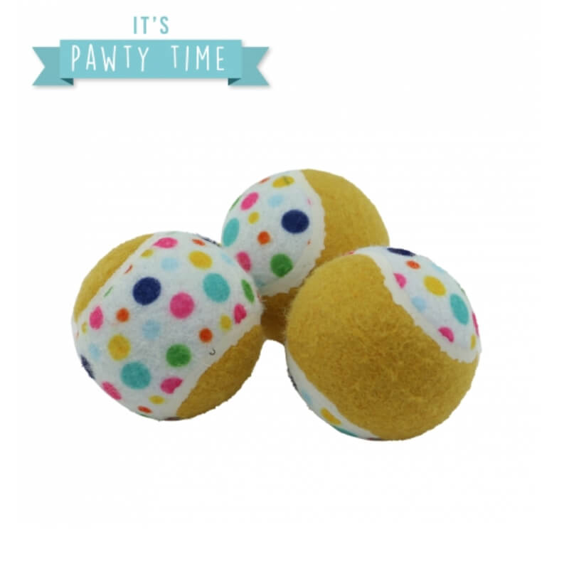 Ancol Pawty Tennis Balls (3pcs), fun dog toy with polka dots, in recycled packaging.