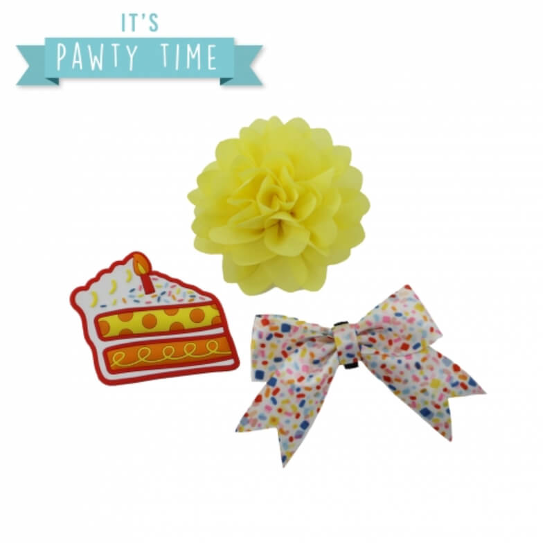 Ancol Pawty Sprinkle Cake Set: three dog collar accessories in recycled packaging.