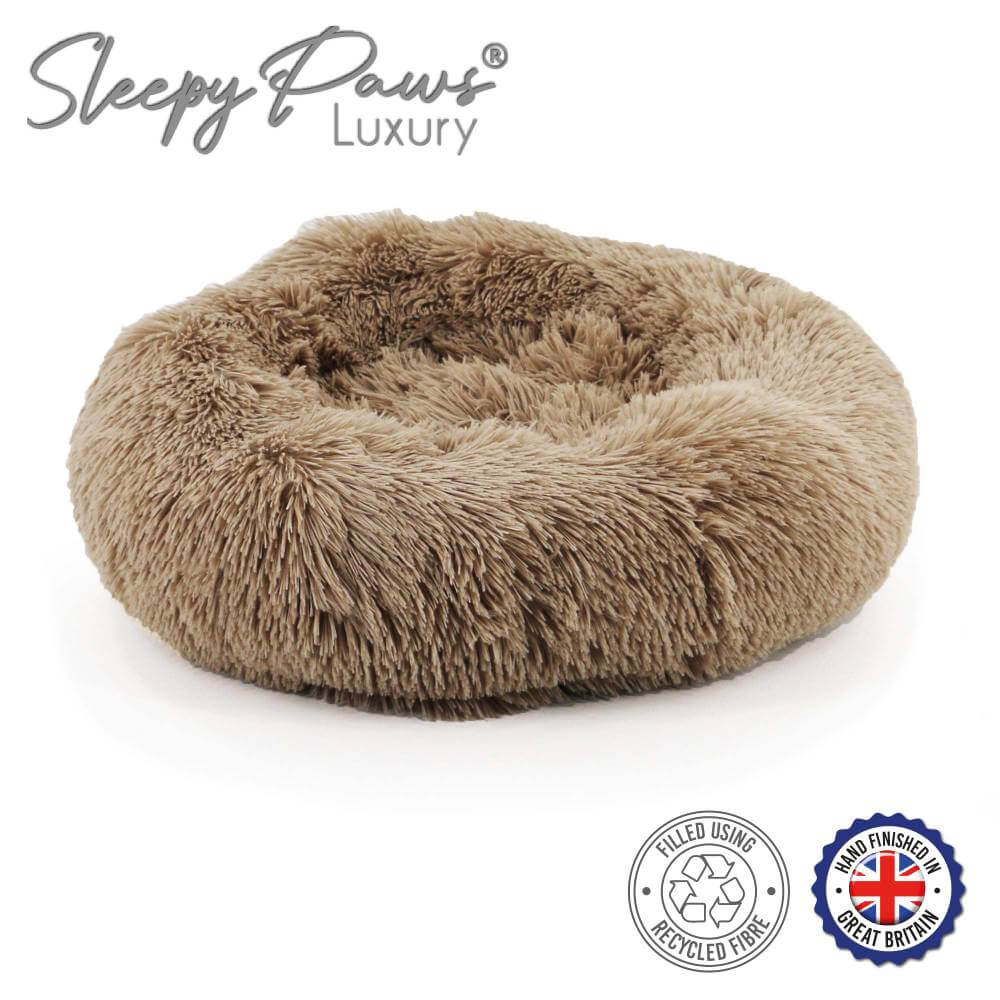 Ancol Superplush Donut Bed Oatmeal—round, fluffy bed with Ancol branding and badges.