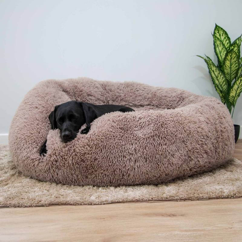 Ancol Giant Super Plush Donut Bed 130cm in oatmeal, round with a fluffy, light brown texture.