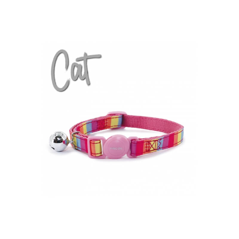 Ancol Pink Rainbow Cat Collar with break-away buckle, XL bell, and colorful pattern.