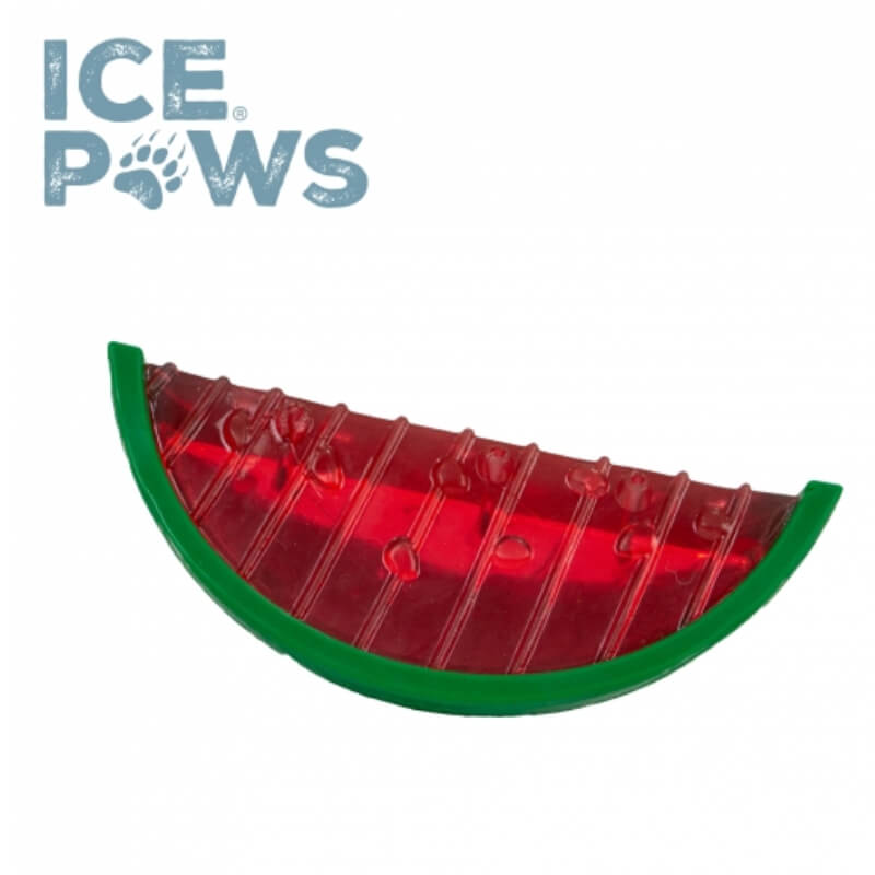 Ancol Ice Paws Watermelon Cooling Toy with green rind and ICE PAWS label at top left.