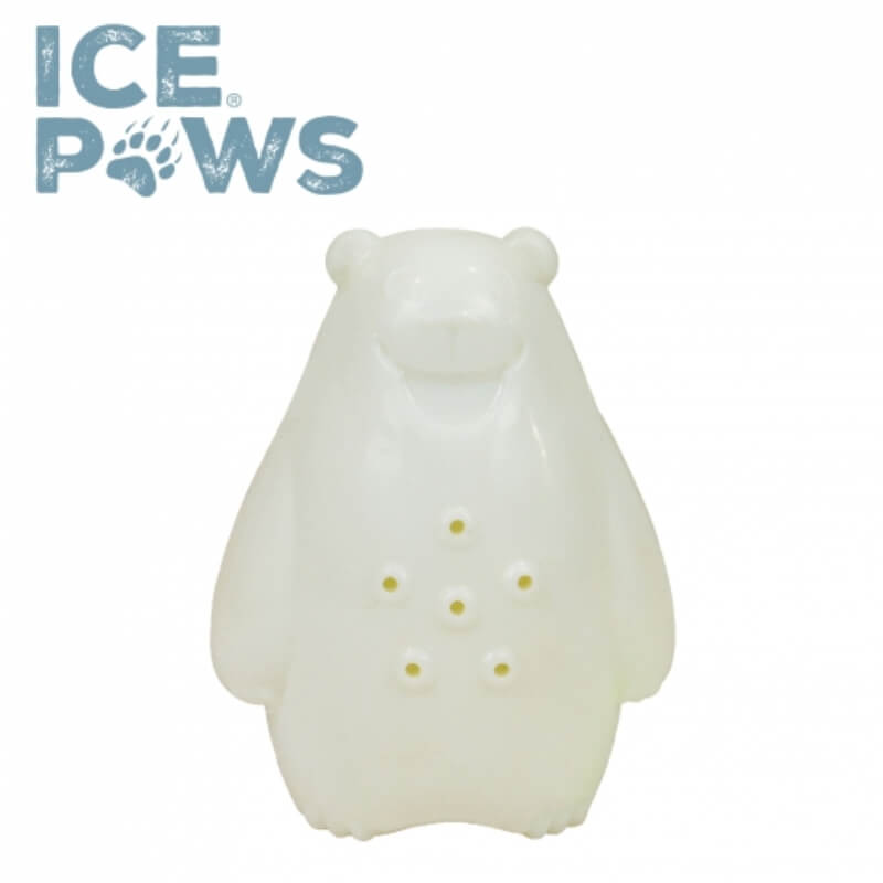 White bear-shaped cooling dog toy, Ancol Ice Paws Olwen Ice Bear, with small holes and blue text.