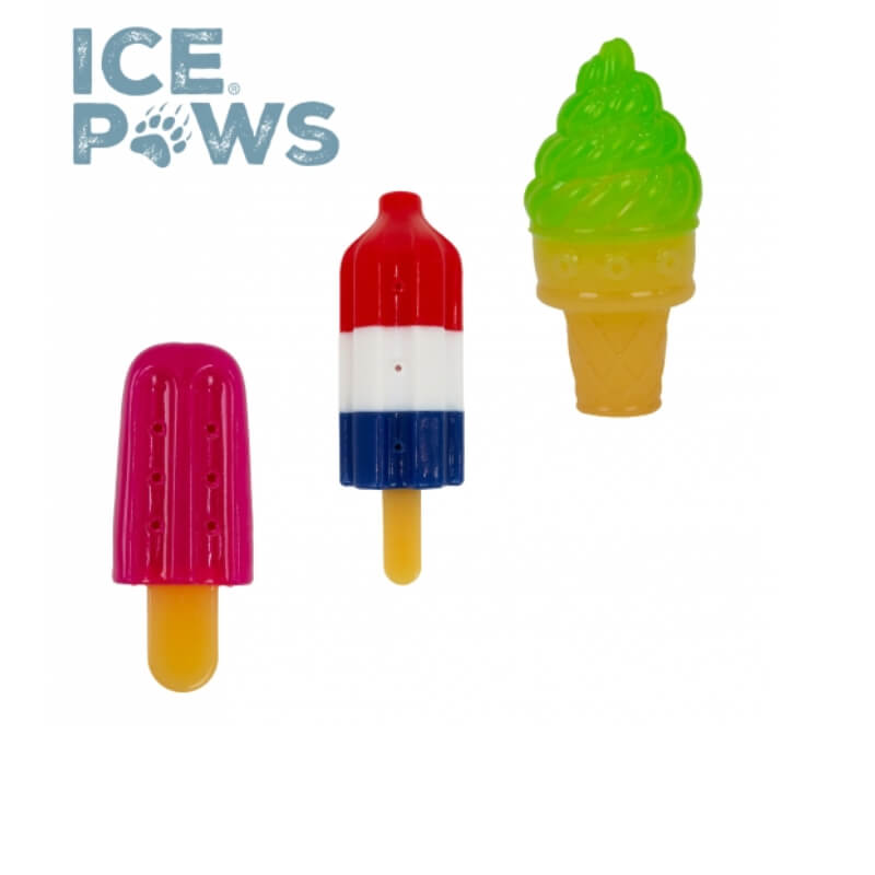Set of three Ancol Ice Paws Mini Ice Lolly cooling dog toys in fun, colorful shapes.