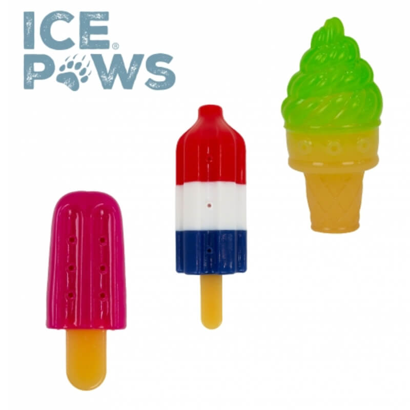 Three Ancol Ice Paws Large Ice Lolly cooling toys for dogs in fun popsicle and cone shapes.