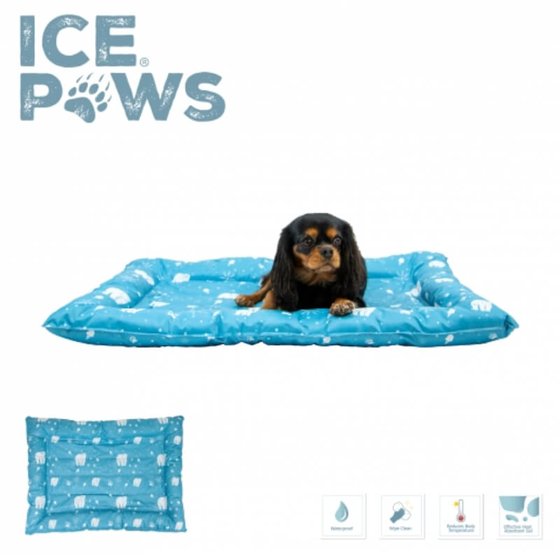 Black and brown dog on Ancol Ice Paws Cooling Bed Large (68x91cm) with paw prints and icons below.