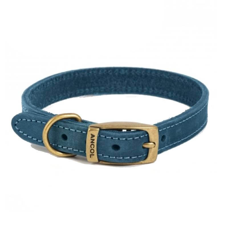 Ancol Timberwolf Leather Collar Blue with brass buckle and ring.