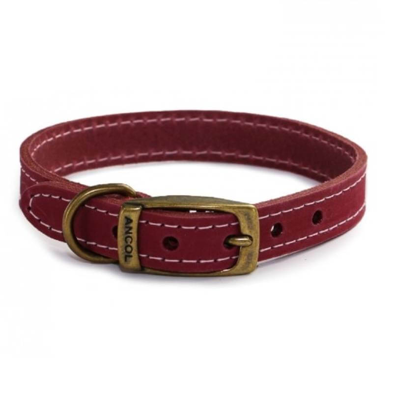 Ancol Timberwolf Leather Collar Raspberry with white stitching and brass buckle, UK made.