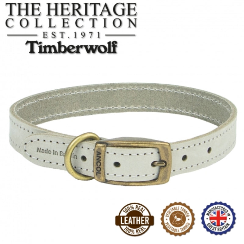 Ancol Timberwolf Leather Collar Light Grey is made from top-grain bridle leather with heritage badges.