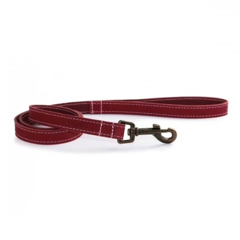 A raspberry Ancol Timberwolf Leather Lead with white stitching and a metal clasp, coiled neatly.