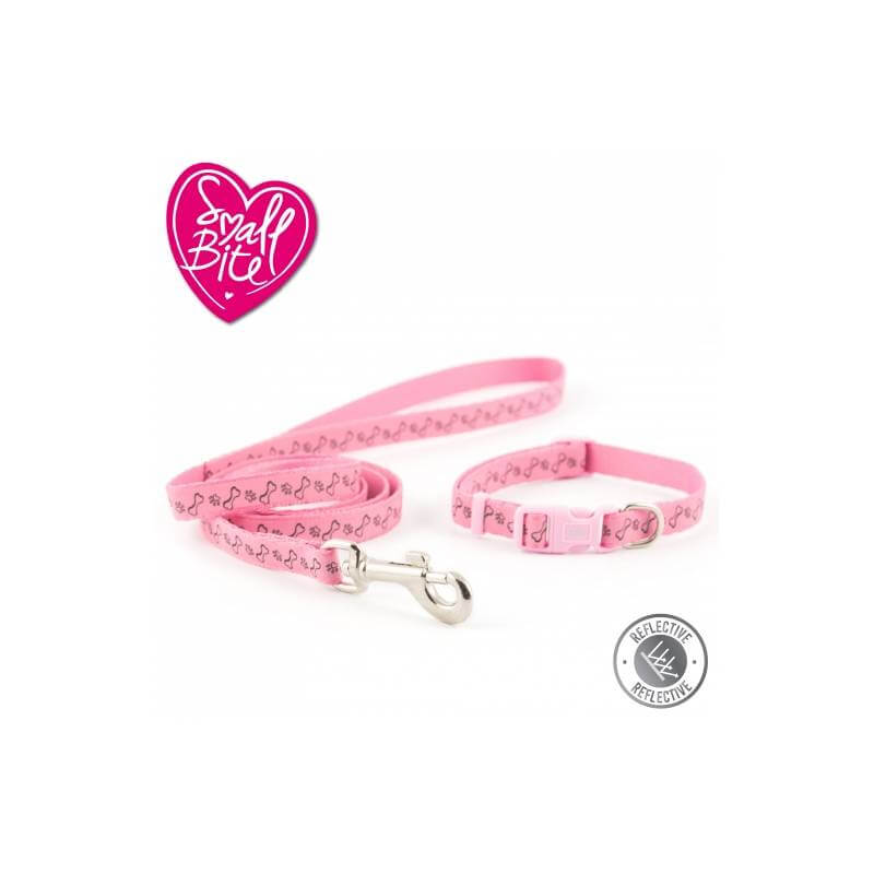 Ancol Small Bite Reflective Paw &amp; Bone Collar Lead Set Pink