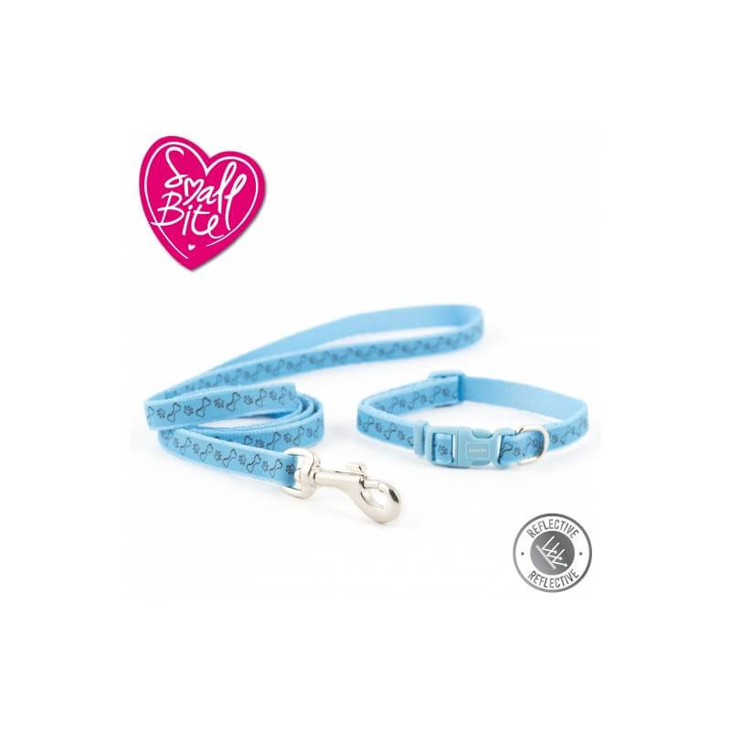 Ancol Small Bite Reflective Paw &amp; Bone Collar Lead Set Blue, adjustable for small dogs.