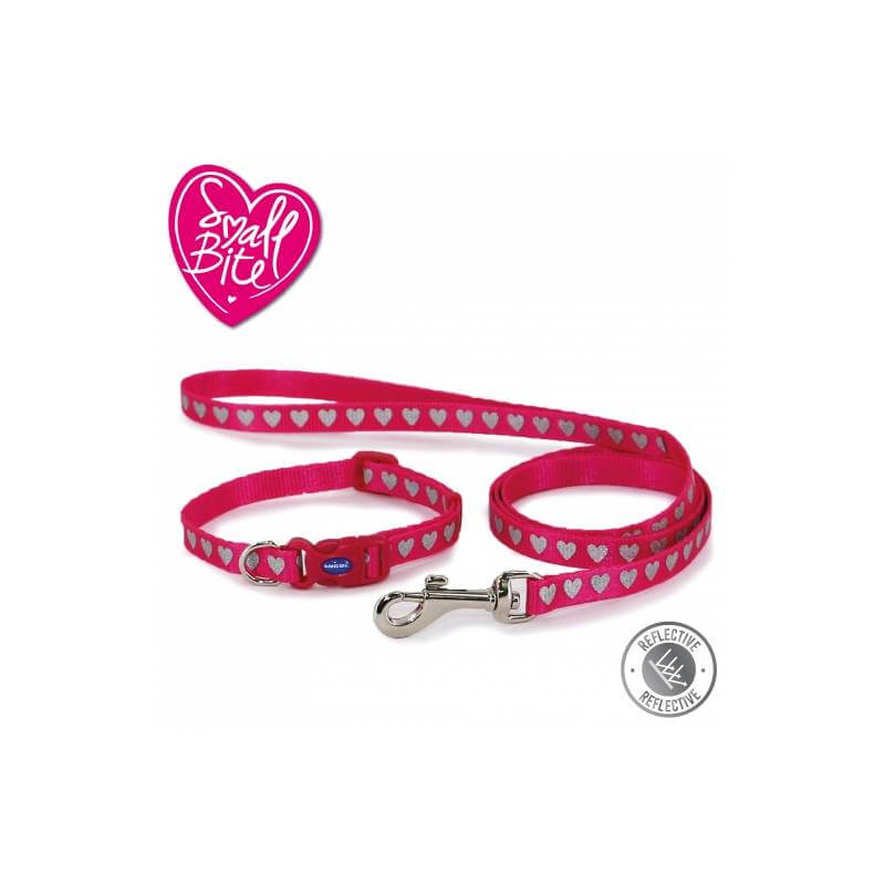 Ancol Small Bite Reflective Heart Collar Lead Set Pink