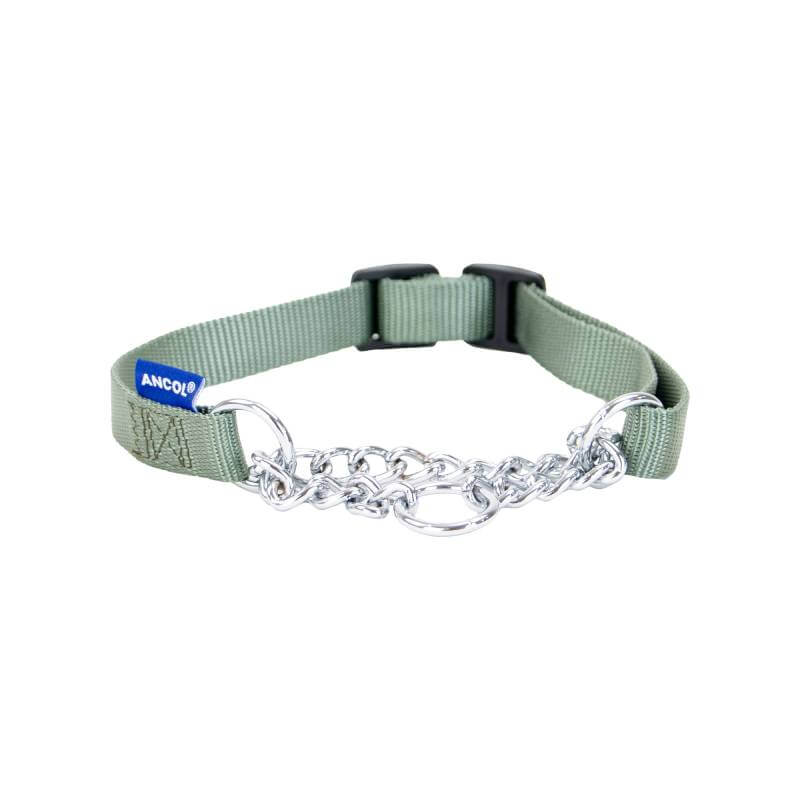 Ancol Obedia Nylon &amp; Chain Collar—green, plastic buckle, blue Ancol tag.