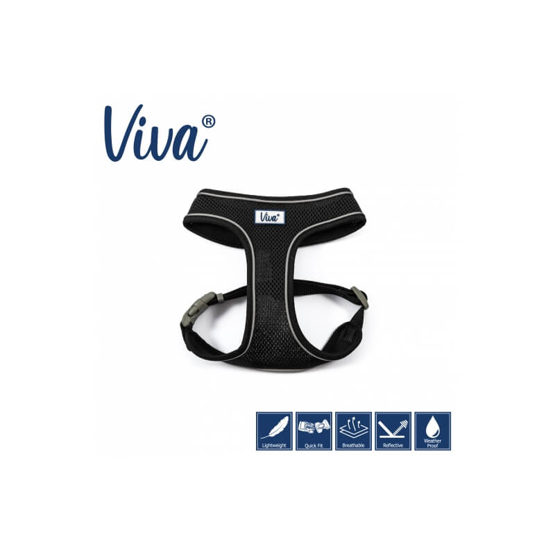 Ancol Viva Comfort Dog Harness in black, featuring brand logo and icons below.