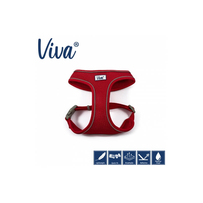 Ancol Viva Comfort Dog Harness Red with logo and icons on a white background.