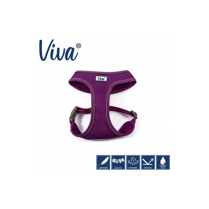 Ancol Viva Comfort Dog Harness Purple with adjustable straps and feature icons below.