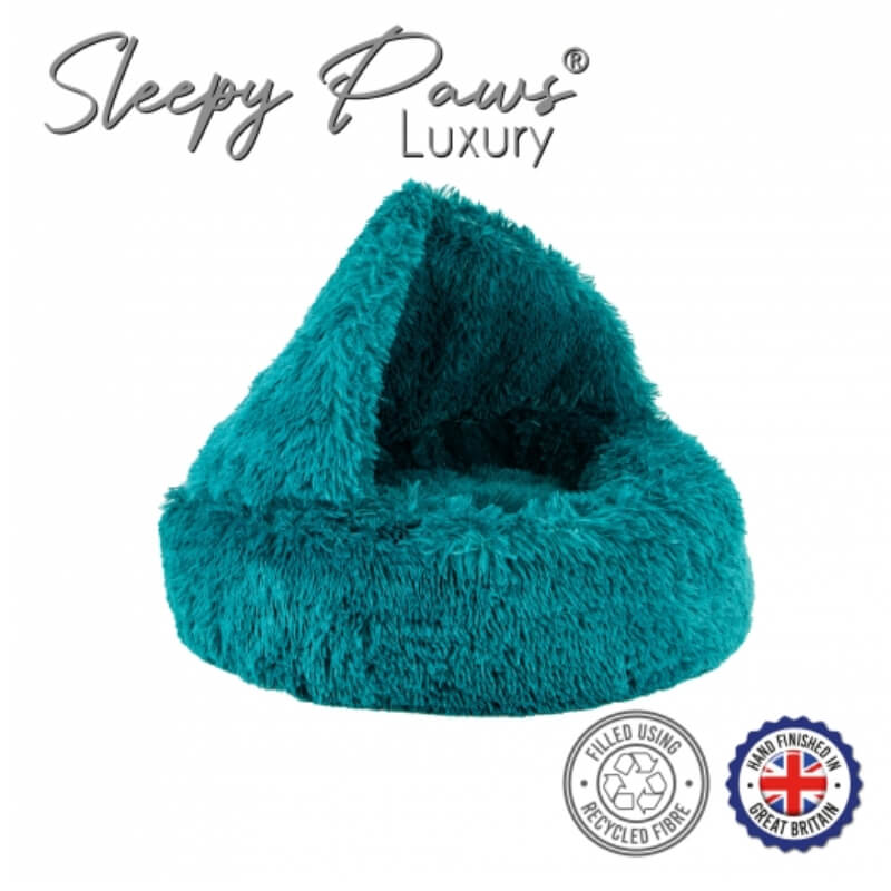 Ancol Plush Cove Bed 70cm Teal—cosy hooded pet bed with certification logos.