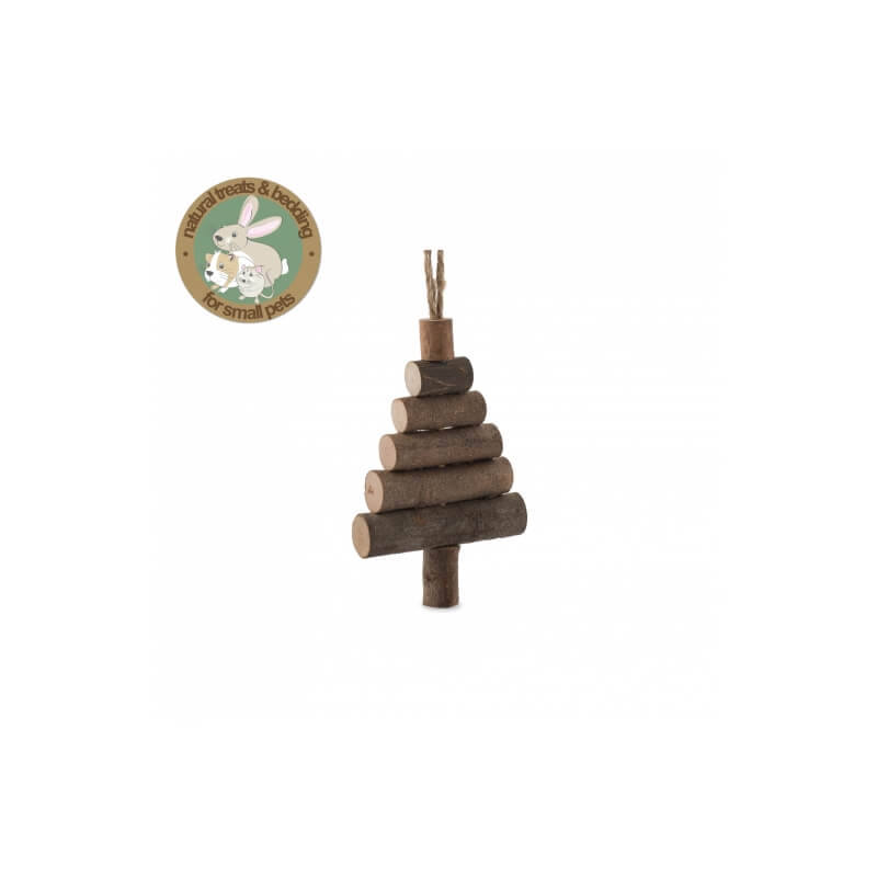 Ancol J4P Fir Tree Gnaw wooden chew toy for small pets, tree-shaped, with natural treats label.