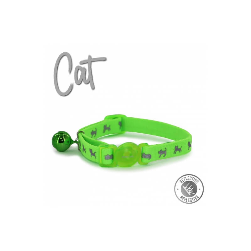 Ancol High Vis Cat Collar Green: bright, reflective, break-away design with bell and cat pattern.