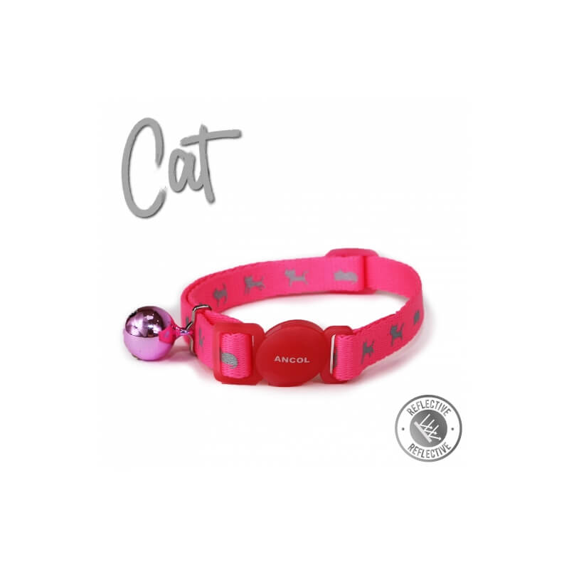 Ancol High Vis Cat Collar Pink with bell and break-away buckle on white background.