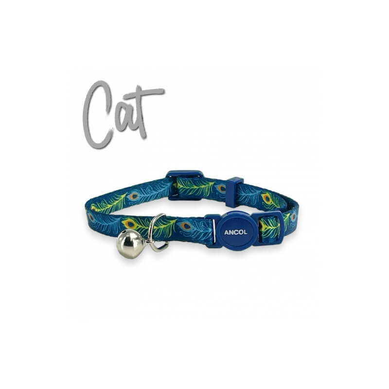 Ancol Peacock Cat Collar with feather pattern, bell, label, and break-away buckle.