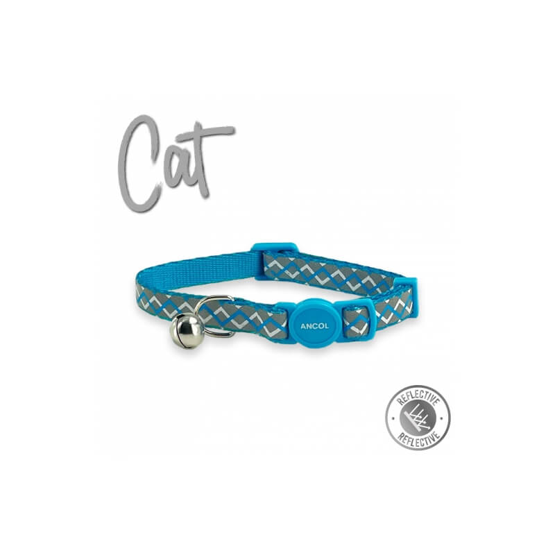 Ancol Reflective Zig-Zag Cat Collar with bell and break-away buckle on white background.