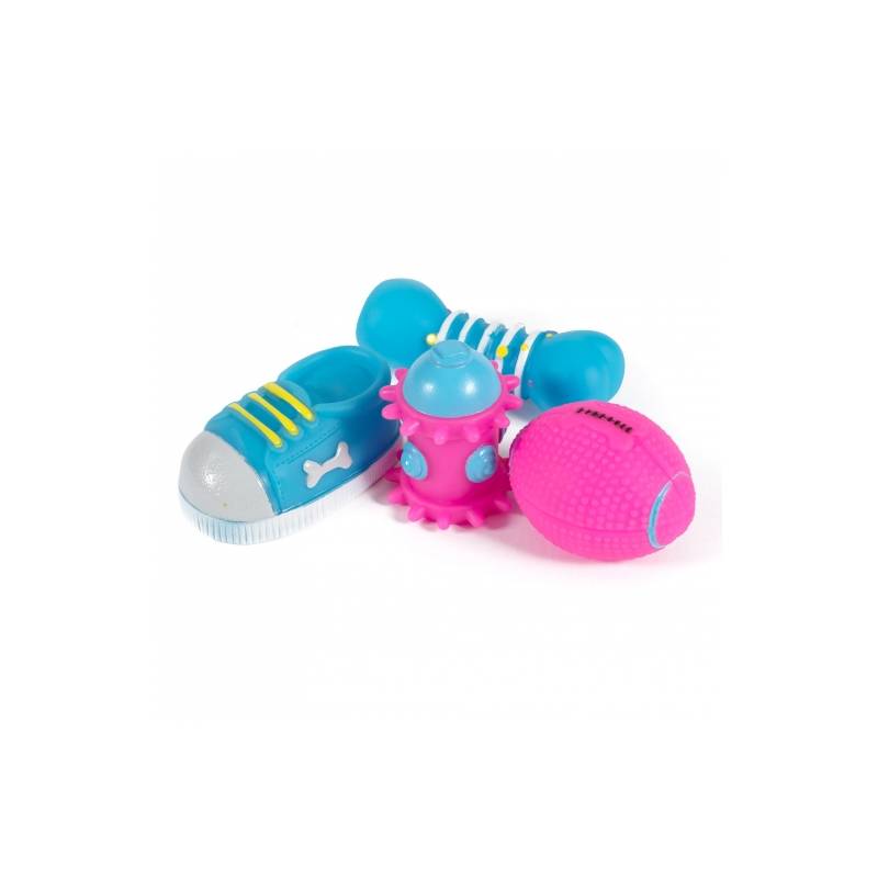 Ancol Small Bite Vinyl Puppy Selection 4pk: blue sneaker, bone, pink football toys.
