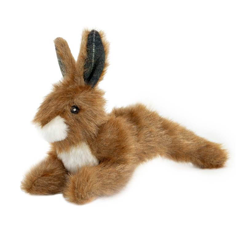 Ancol Heritage Harris Hare plush toy for dogs, brown, with recycled stuffing, lying down.
