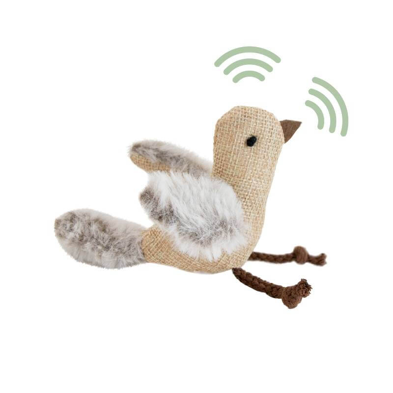Ancol Cheeping Bird Cat Toy with textured wings, tail, and green sound wave icons above its head.