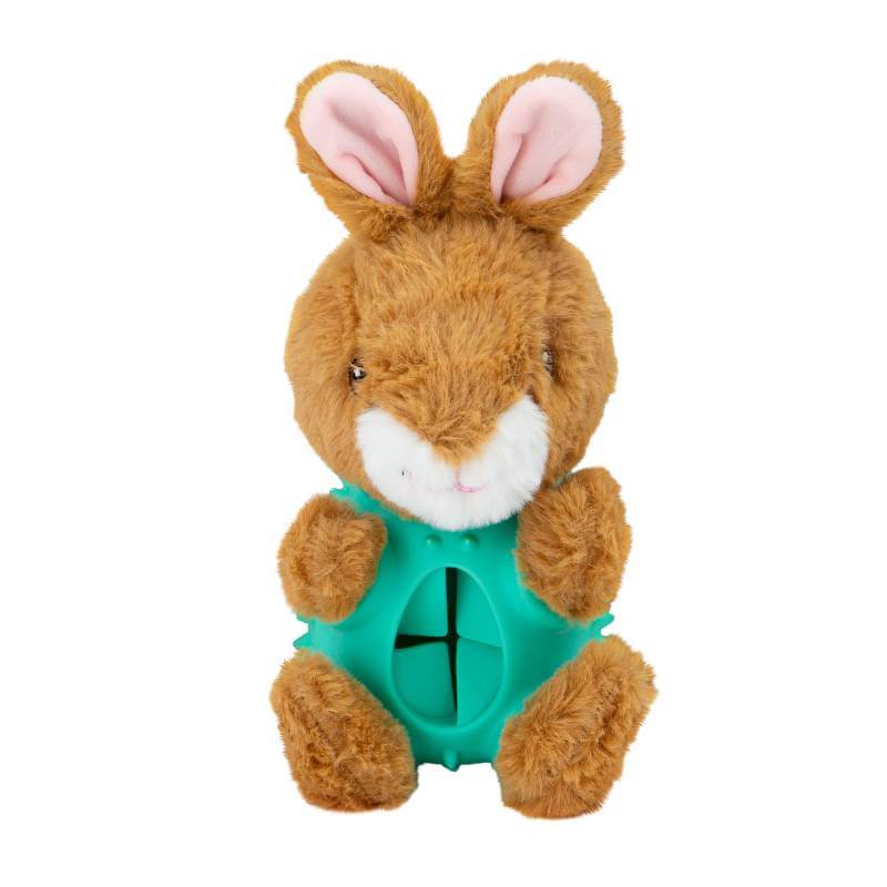 Ancol Orva Rabbit Ball Belly Dog Toy is a plush brown rabbit with a green ball belly.