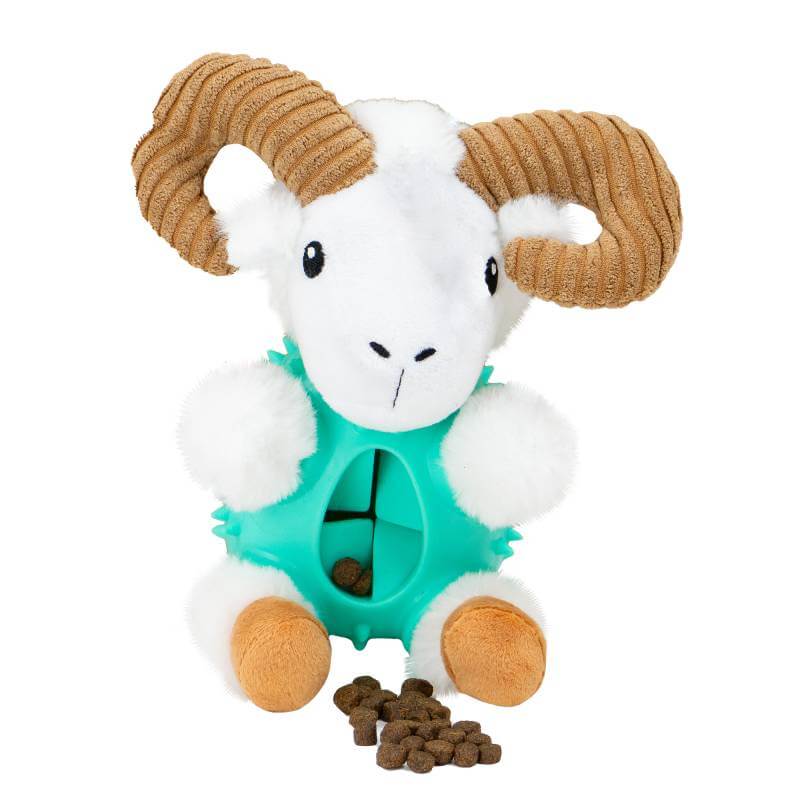 Ancol Orva Ram Ball Belly Dog Toy holds a teal treat dispenser, with kibble scattered in front.