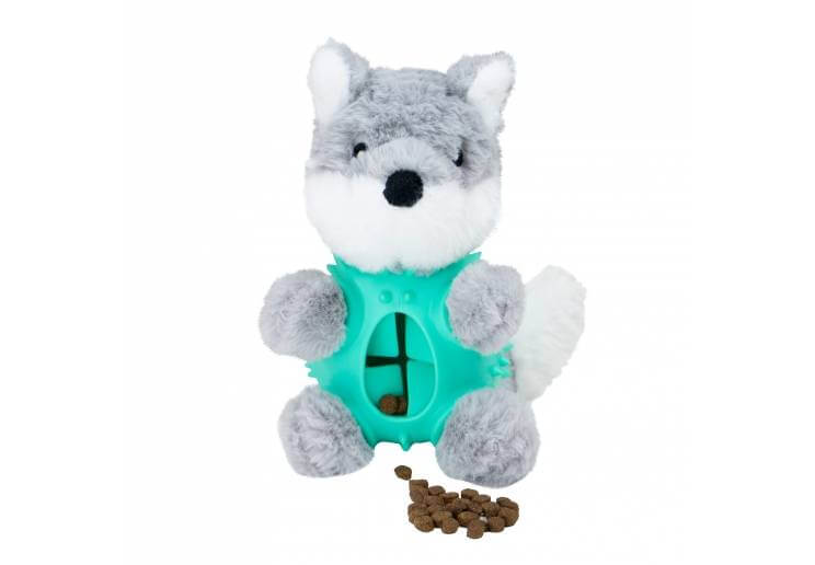 Ancol Orva Wolf Ball Belly Dog Toy holds treats; gray and white with green treat dispenser.