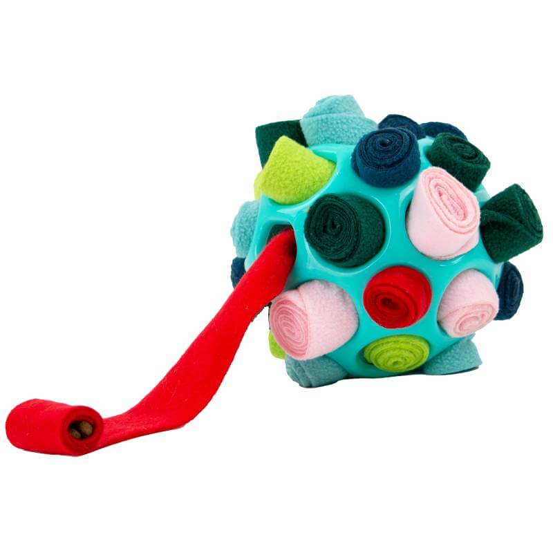 Ancol Orva Interactive Snuffle Ball Dog Toy features rolled fabric and a long red tongue strip.