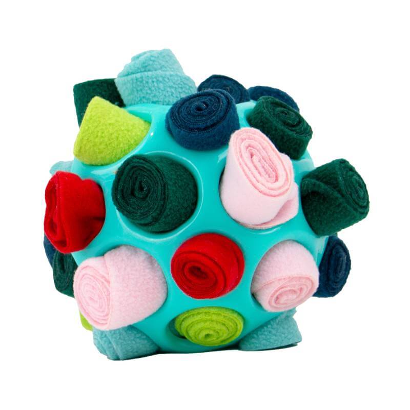 Ancol Orva teal snuffle ball dog toy with colorful fabric pieces for interactive play.