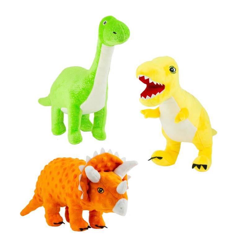 Ancol Cuddle Roarsome Dinos Dog Toys, assorted colors, made with recycled stuffing.