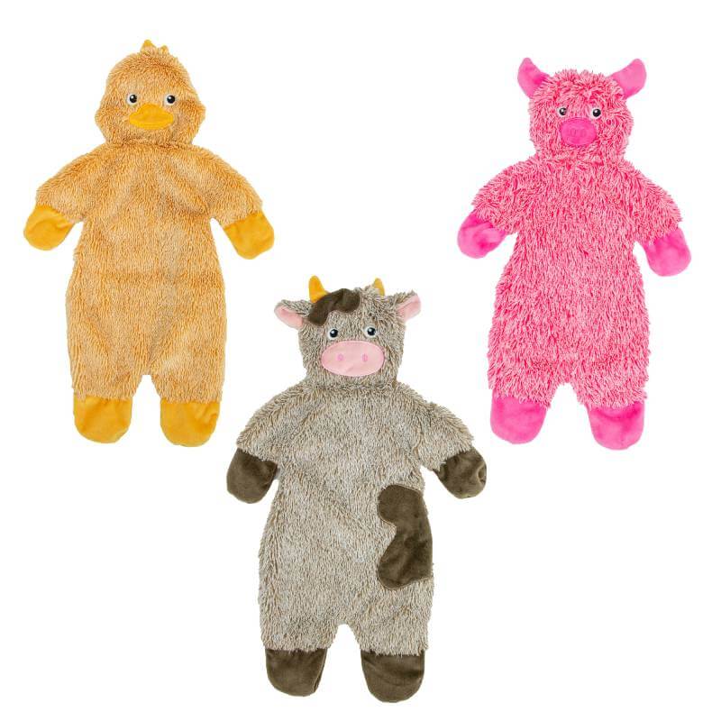 Ancol Cuddle Farmyard Floppets: assorted plush dog toys by Ancol—duck, pig, and cow.