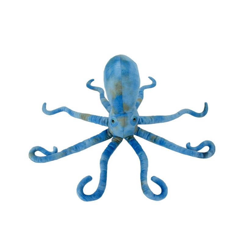 Ancol Cuddle Phil the Kraken blue plush dog toy with eight curled arms on white background.