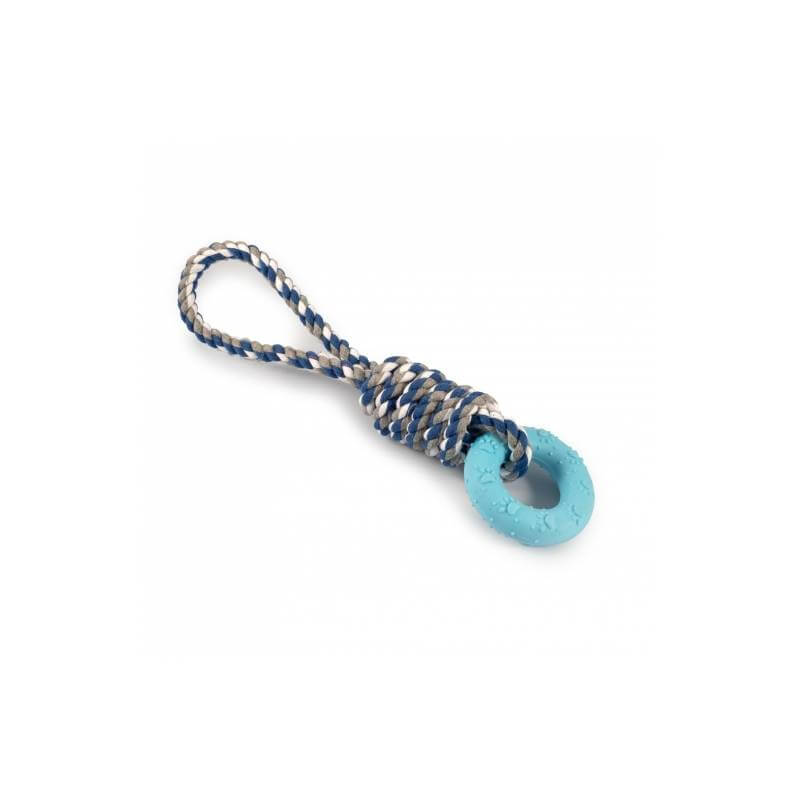 Ancol Small Bite Rope & Rings puppy tug toy with loop and blue rubber ring attached.