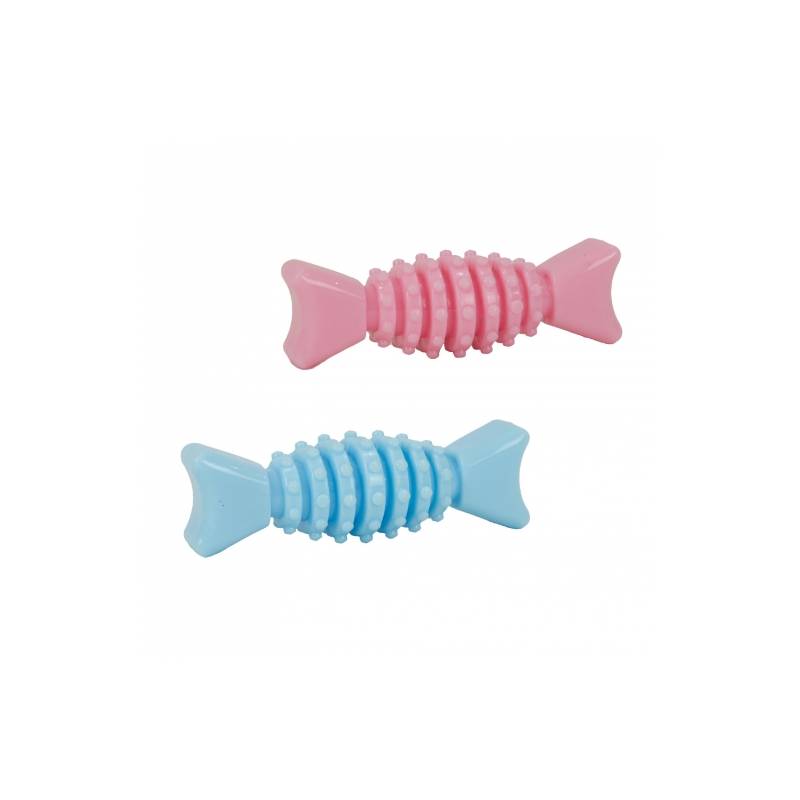 Ancol Small Bite Wing Bone Teether—ribbed, fish-shaped chew toys in pink and blue for small dogs.
