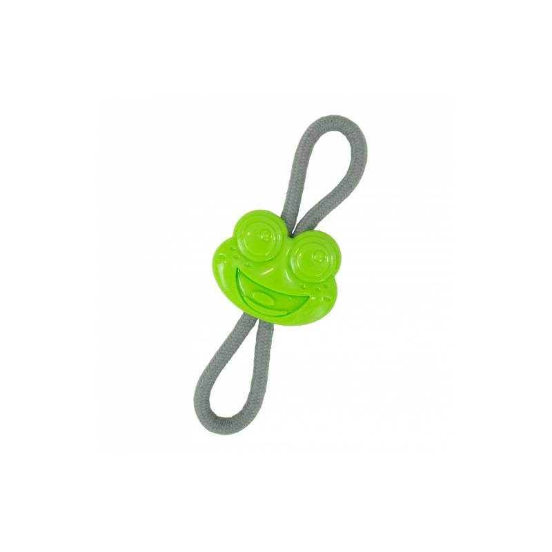 Ancol Small Bite Frog Teether Tugger dog toy with gray rope loop, on a white background.