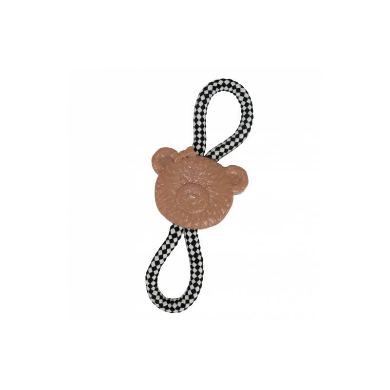 Ancol Small Bite Teddy Teether Tugger: bear dog toy with black &amp; white rope loop.