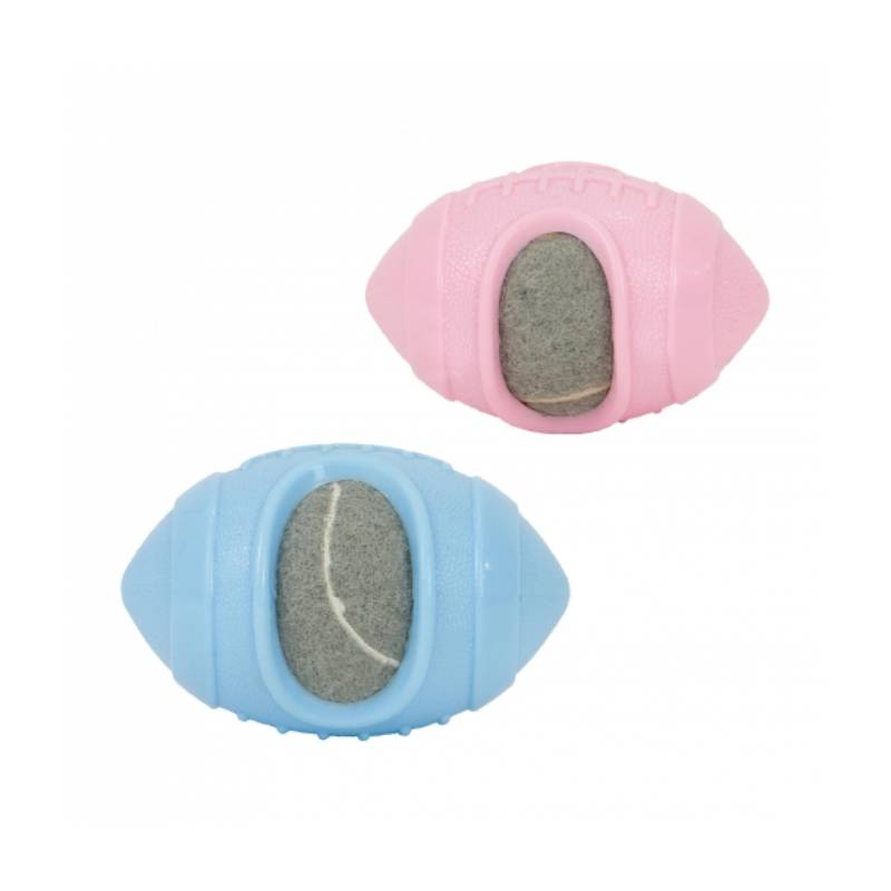 Ancol Small Bite Rugby Ball Teether, pack of 2 in pink and blue with gray centers for puppies.