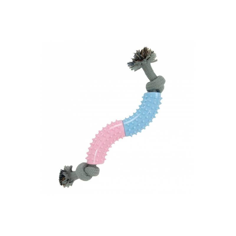 Ancol Small Bite Teether Tugger: pink/blue spiked toy with knotted gray rope ends.