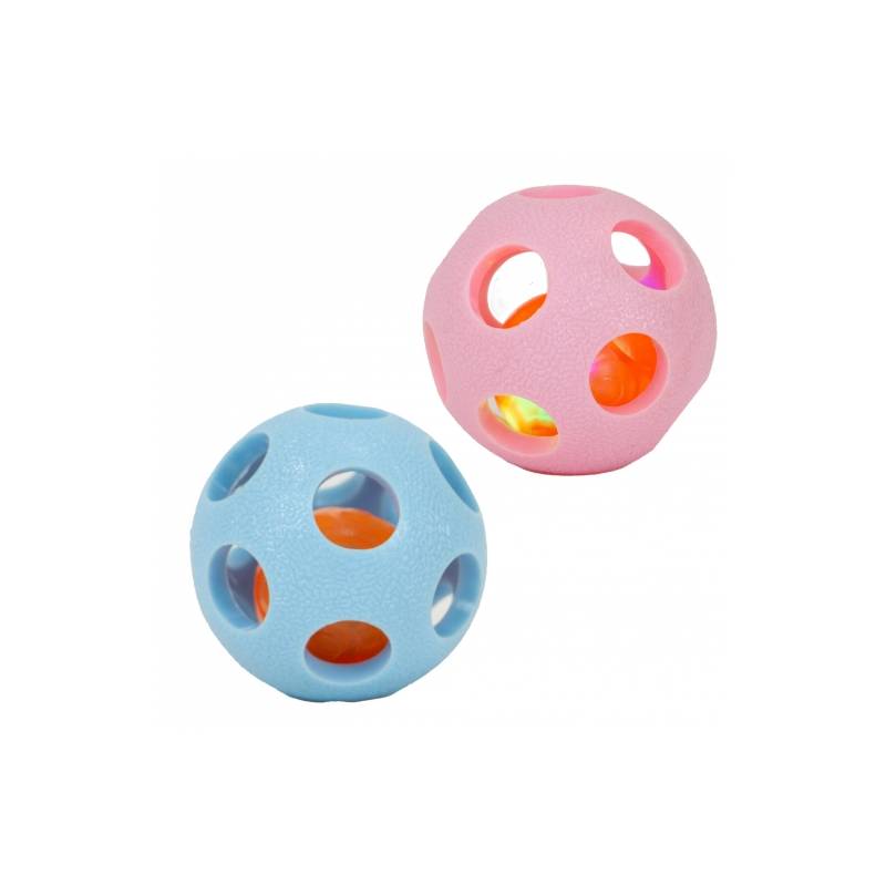 Ancol Small Bite Flashing Balls in pink and blue, each with holes and an orange ball inside.