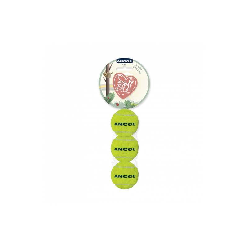 Ancol Small Bite Tennis Ball Trio: three durable balls for puppies in a vertical pack.