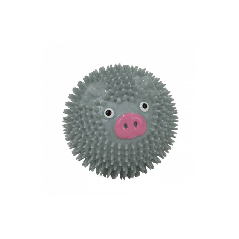 Ancol Small Bite Spiky Pig Ball—fun puppy dental toy with pink snout and eyes.